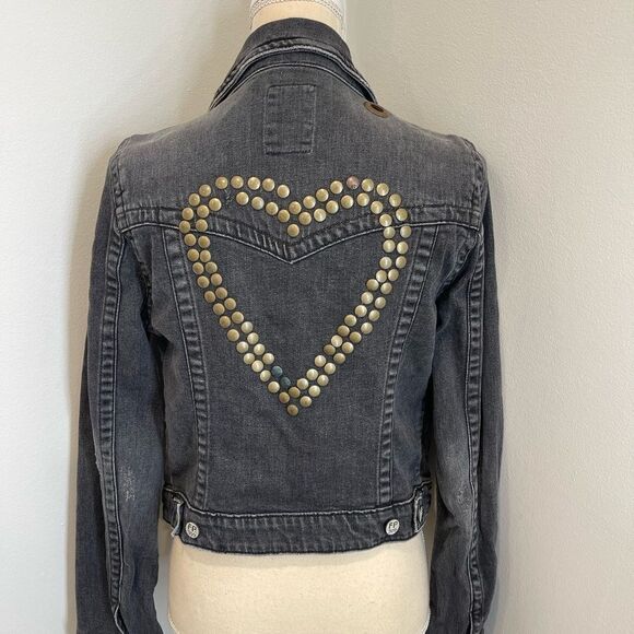 Vintage Free People Heart Studded Charcoal/Black Denim Jacket - Picture 3 of 11